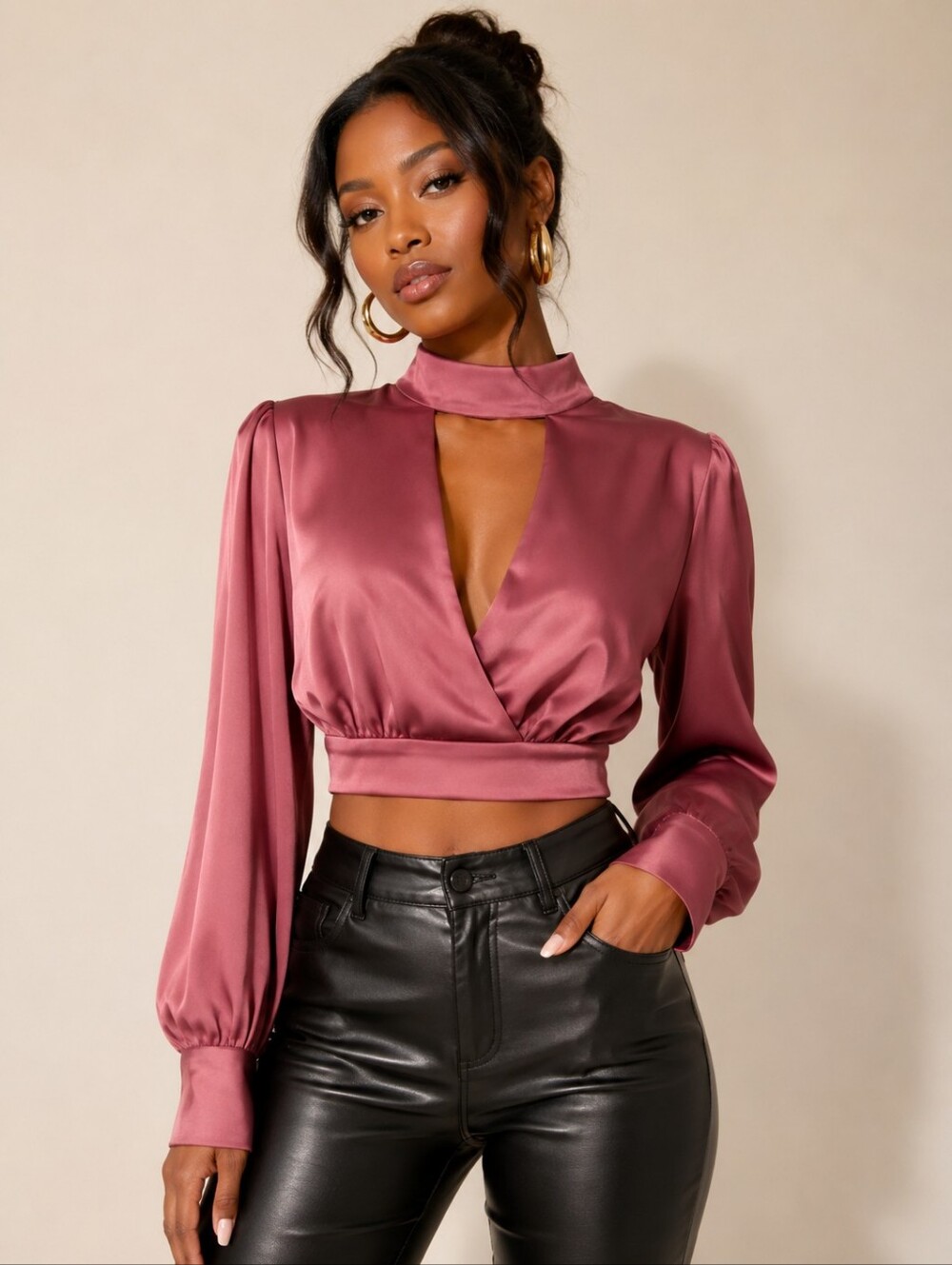 Sexy Satin Rose Pink Choker Neck Long Sleeve Open Back Crop Top